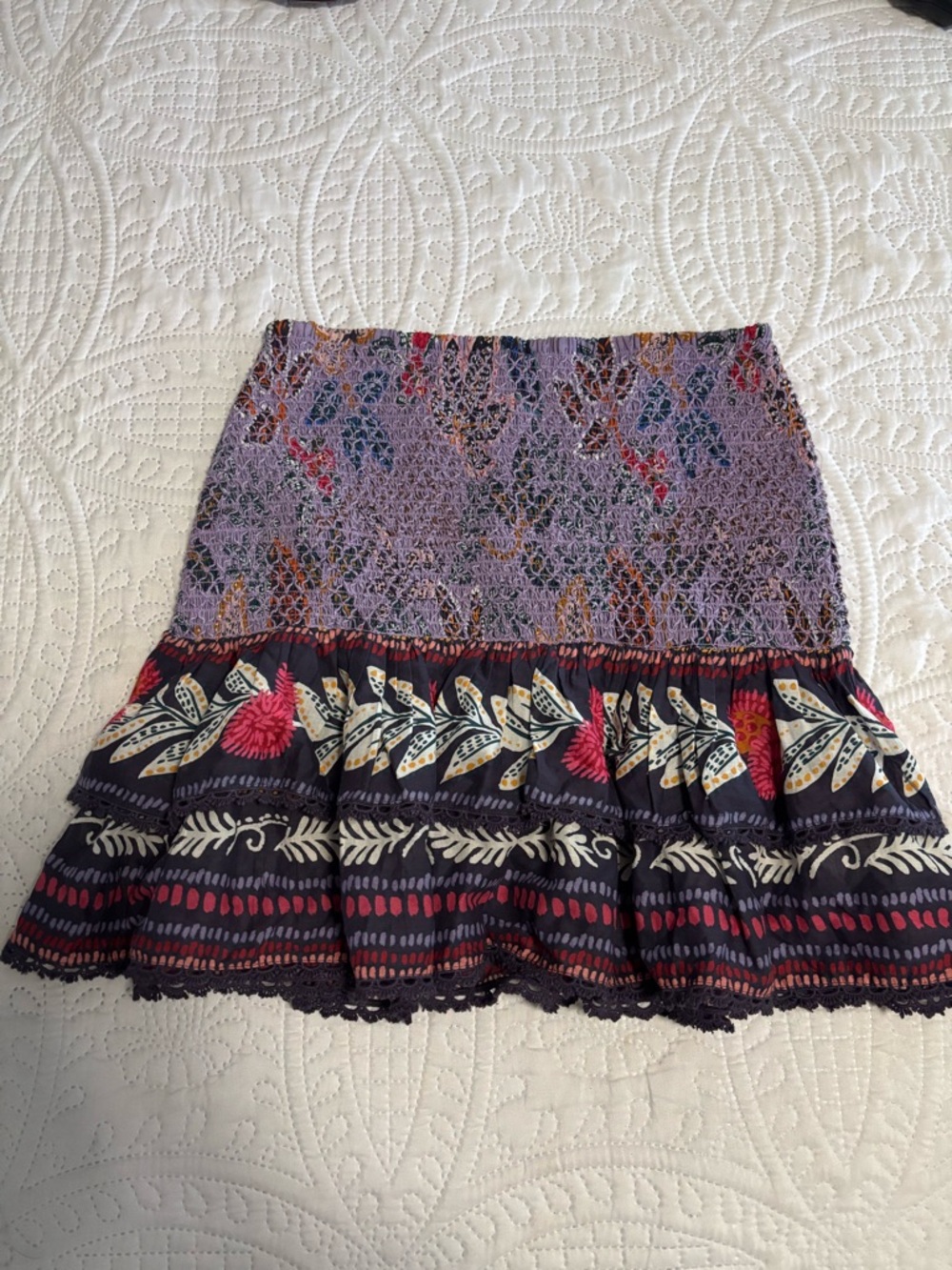 FARM Rio Smocked Lavender Floral Tiered Mini Skirt